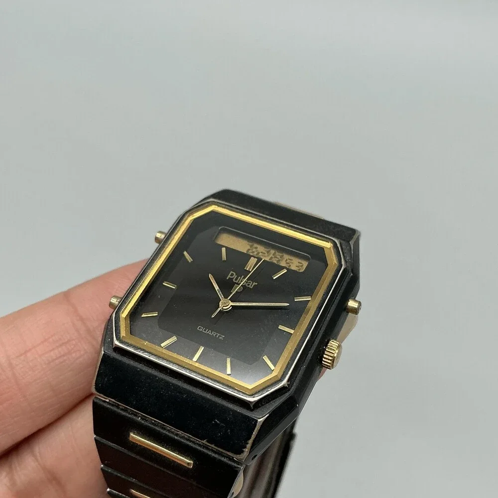 Vintage Pulsar V031-5000 Mens Watch 31mm Black Gold Tone Ana Digi New Battery 6